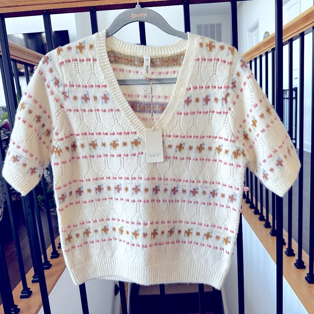 NWT ROOLEE Wishlist Brand Small Short Sleeve Sweater w Pink Velvet Ribbon